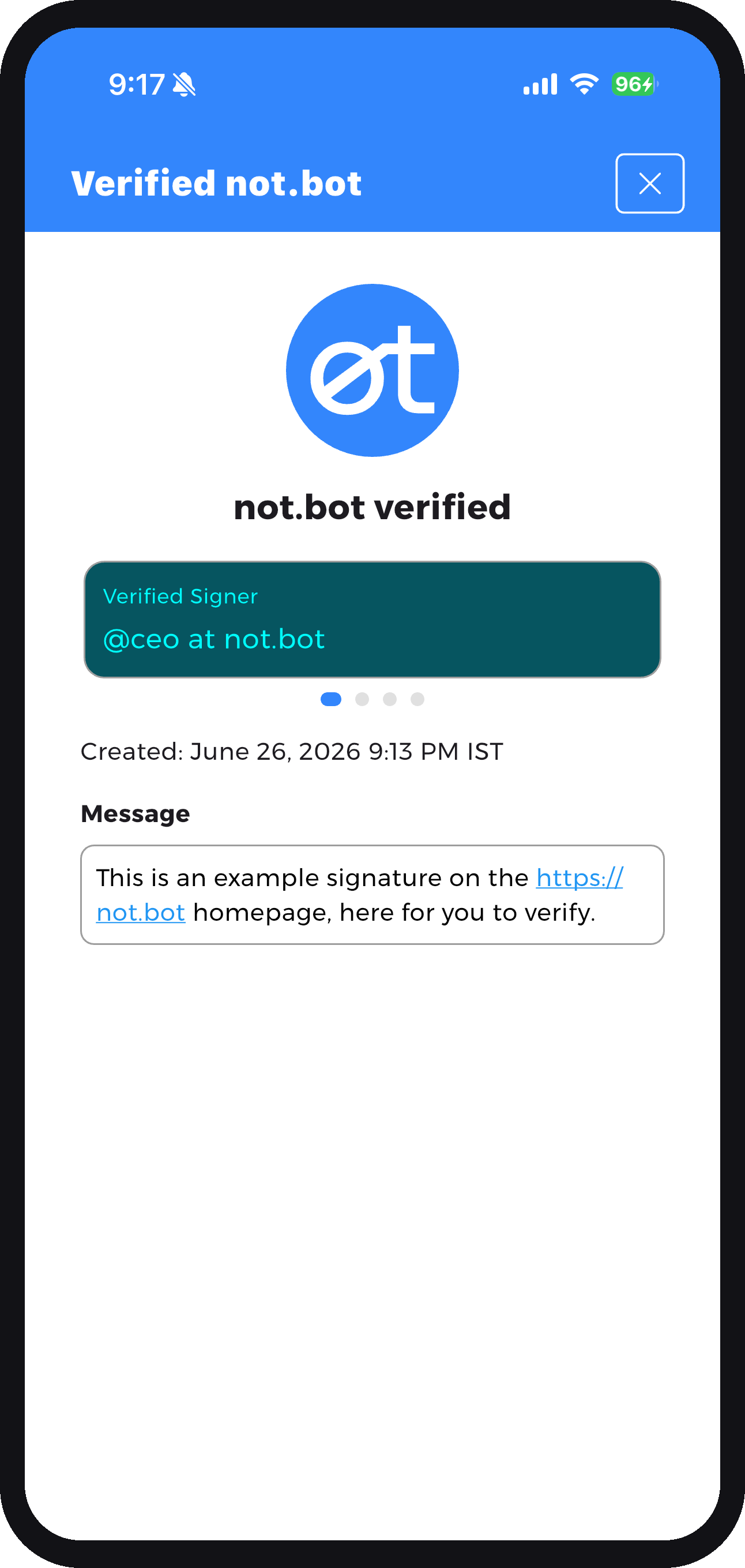 The not.bot app showing a verified signature from @notbot_official at x.com