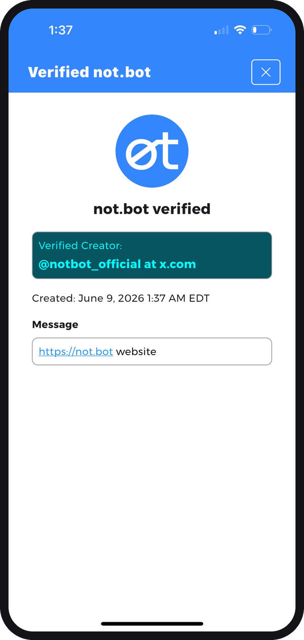 The not.bot app showing a verified signature from @notbot_official at x.com